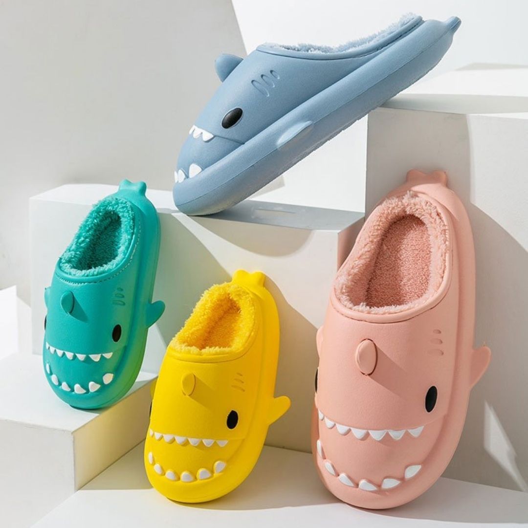 OCW Family Winter Comfortable Short Warm Fur Nonslip Waterproof Cute Shark Home Slippers Design