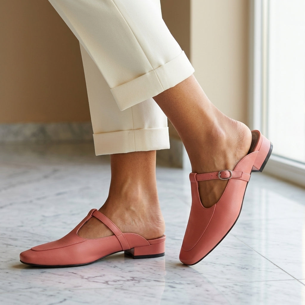 Women's Leather Slip-On Mules with Closed Toe and Arch Support