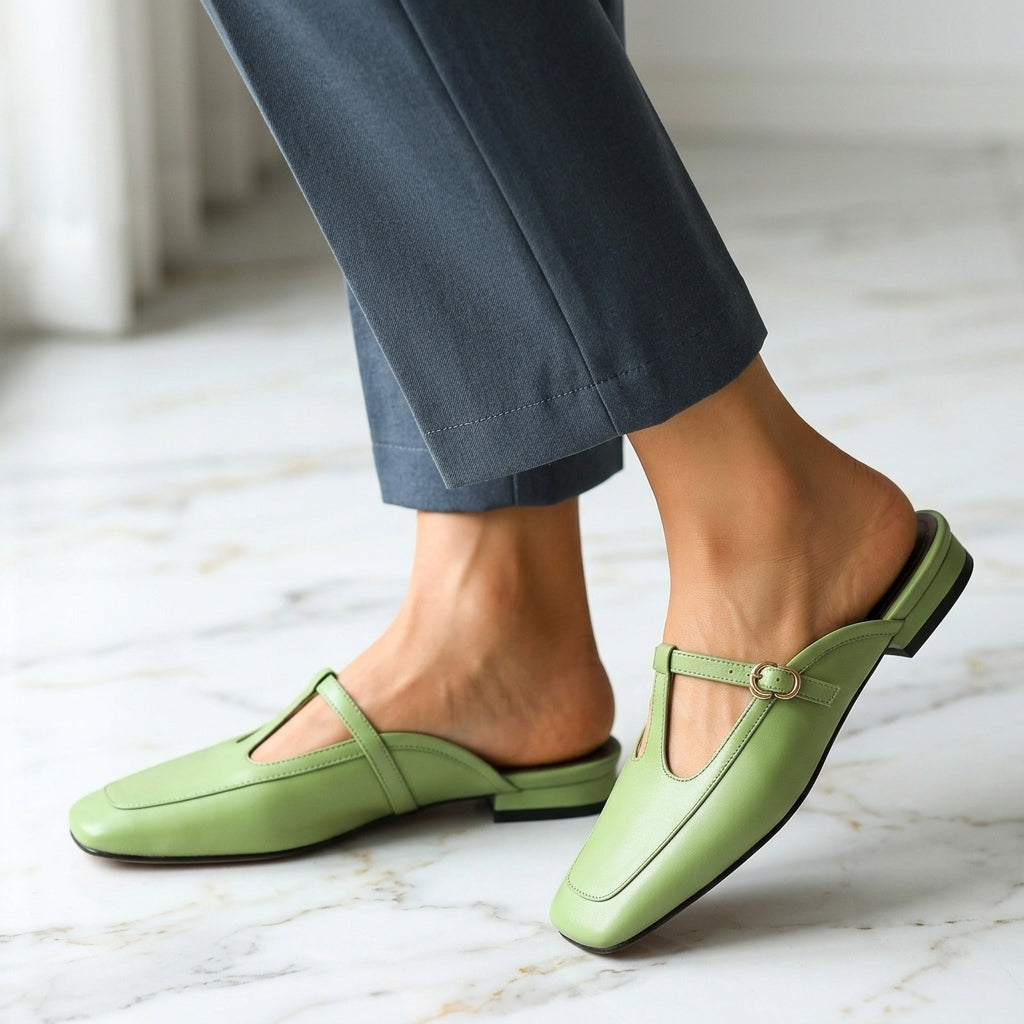 Women's Leather Slip-On Mules with Closed Toe and Arch Support