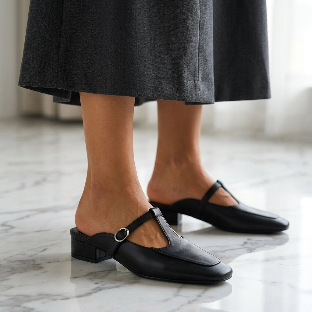 Women's Leather Slip-On Mules with Closed Toe and Arch Support