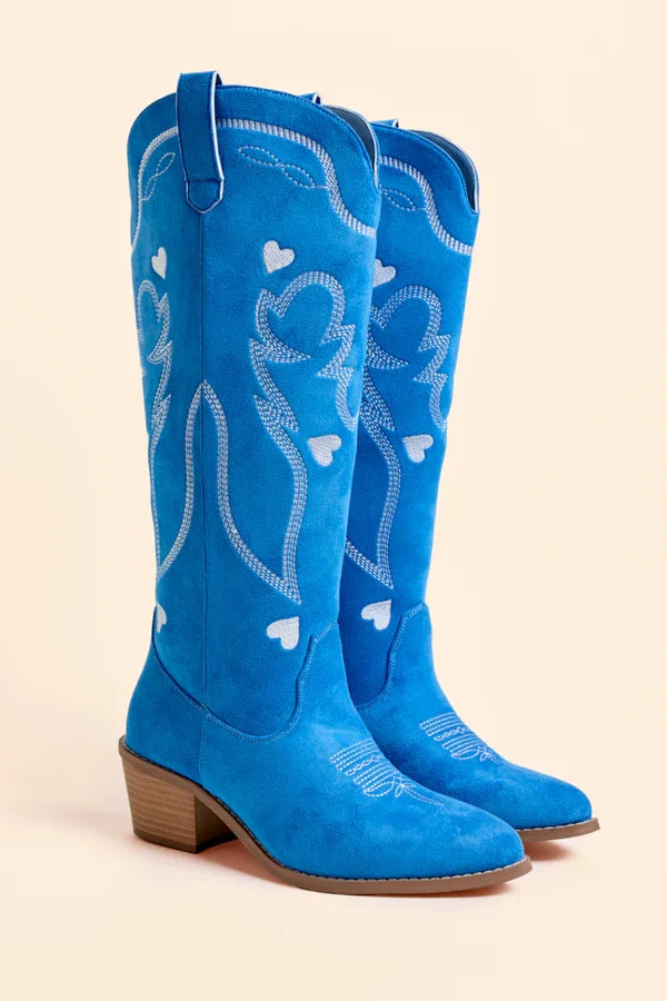 Womens Blue Heart Boots, Pointed Toe Tall Shaft