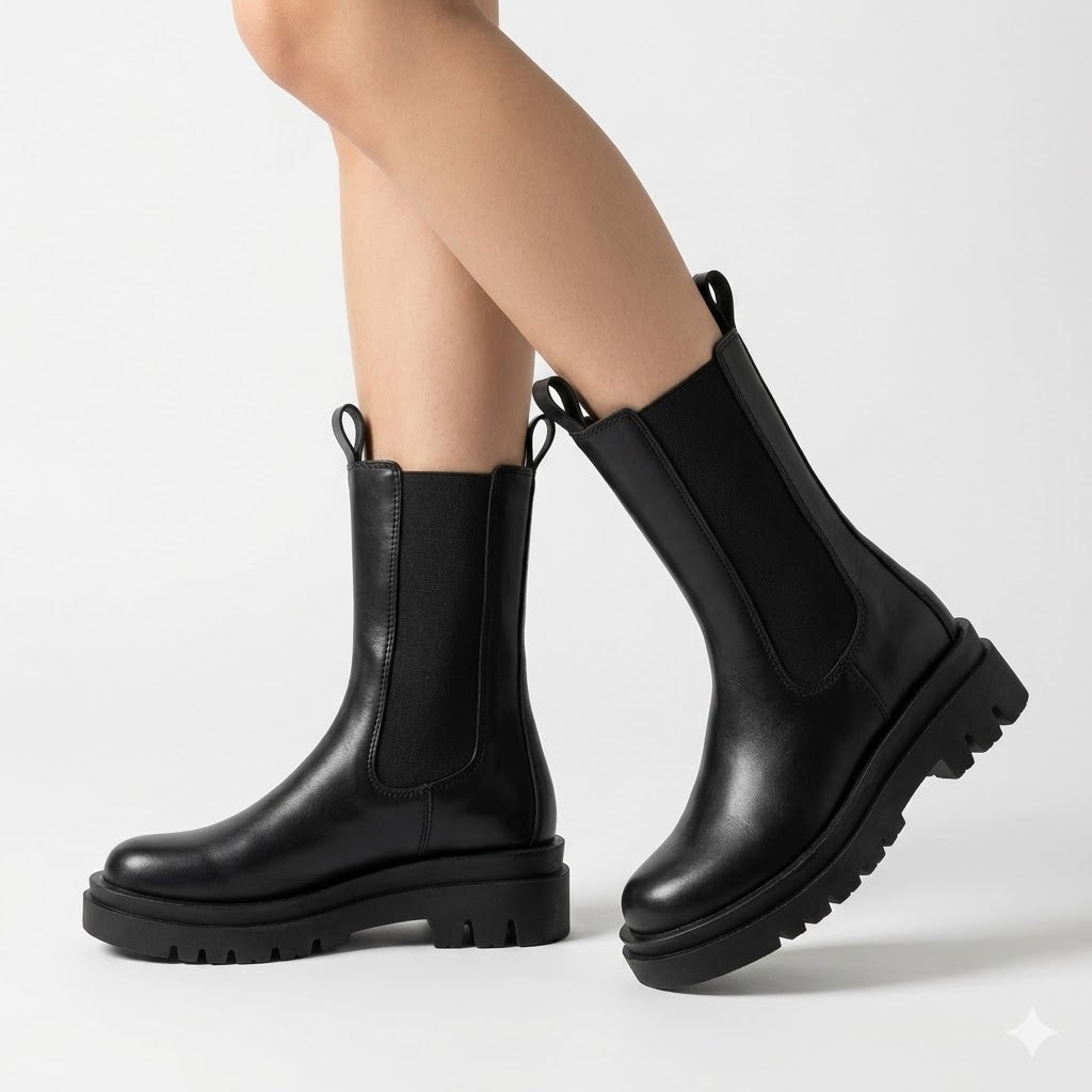 Women's Comfort Chelsea Mid-Calf Boots – Elastic Side Panels, Chunky Outsole