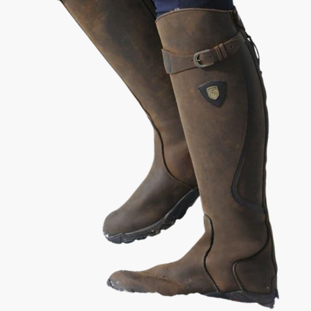 Women’s Knee-High Riding Boots with Buckle Straps and Low Heel