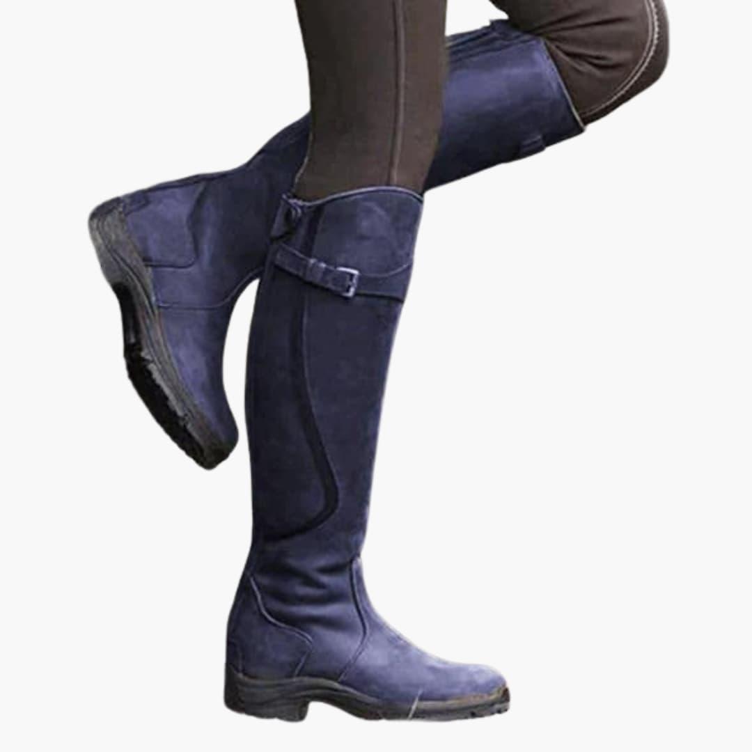 Women’s Knee-High Riding Boots with Buckle Straps and Low Heel