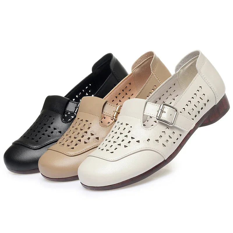Women's Wide Toe Box Leather T-Strap Flats