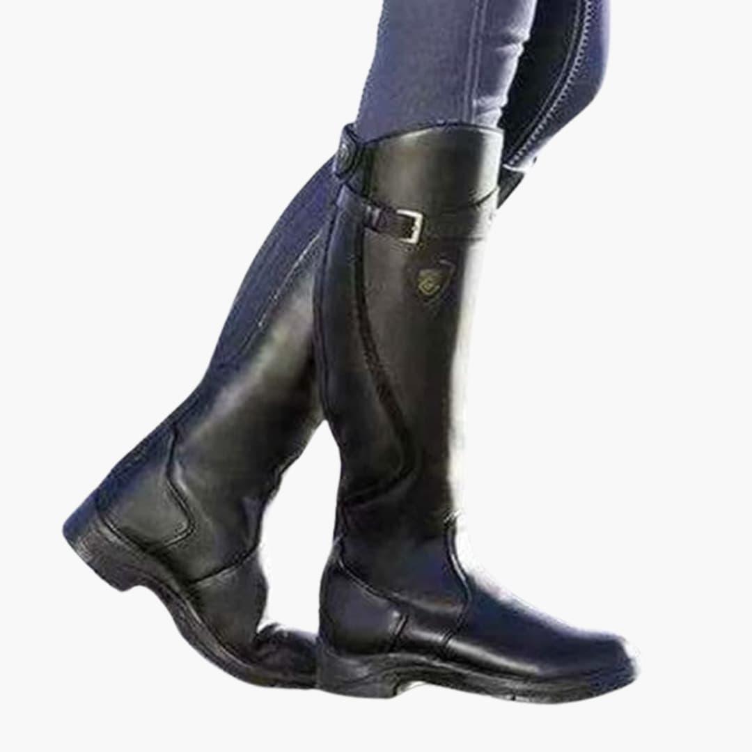 Women’s Knee-High Riding Boots with Buckle Straps and Low Heel