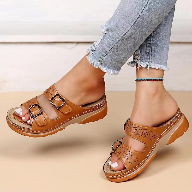 Orthopedic Wedge Sandals Womens Double Buckle Platform Comfort Slide Slippers