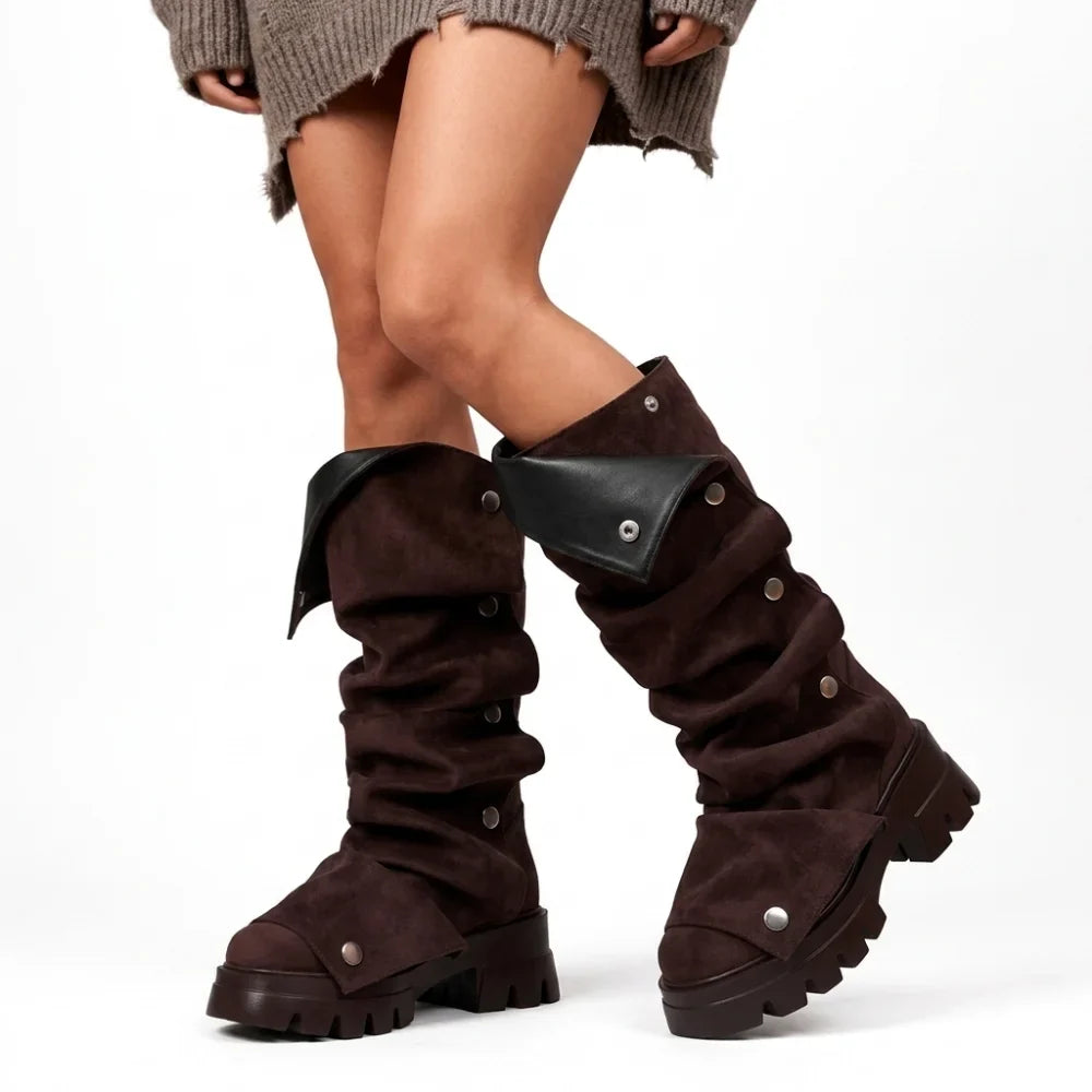 Women's Fold Over Boots Platform Chunky Heel Punk Mid Calf Boots Women Nightclub parties Pull On Boots