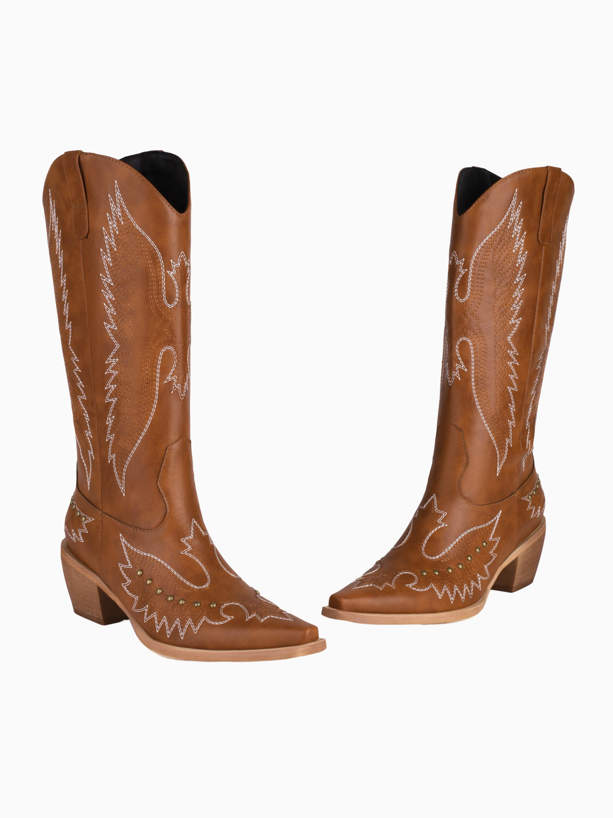 Brown Angel Wing Studded Mid Calf Cowgirl Boots