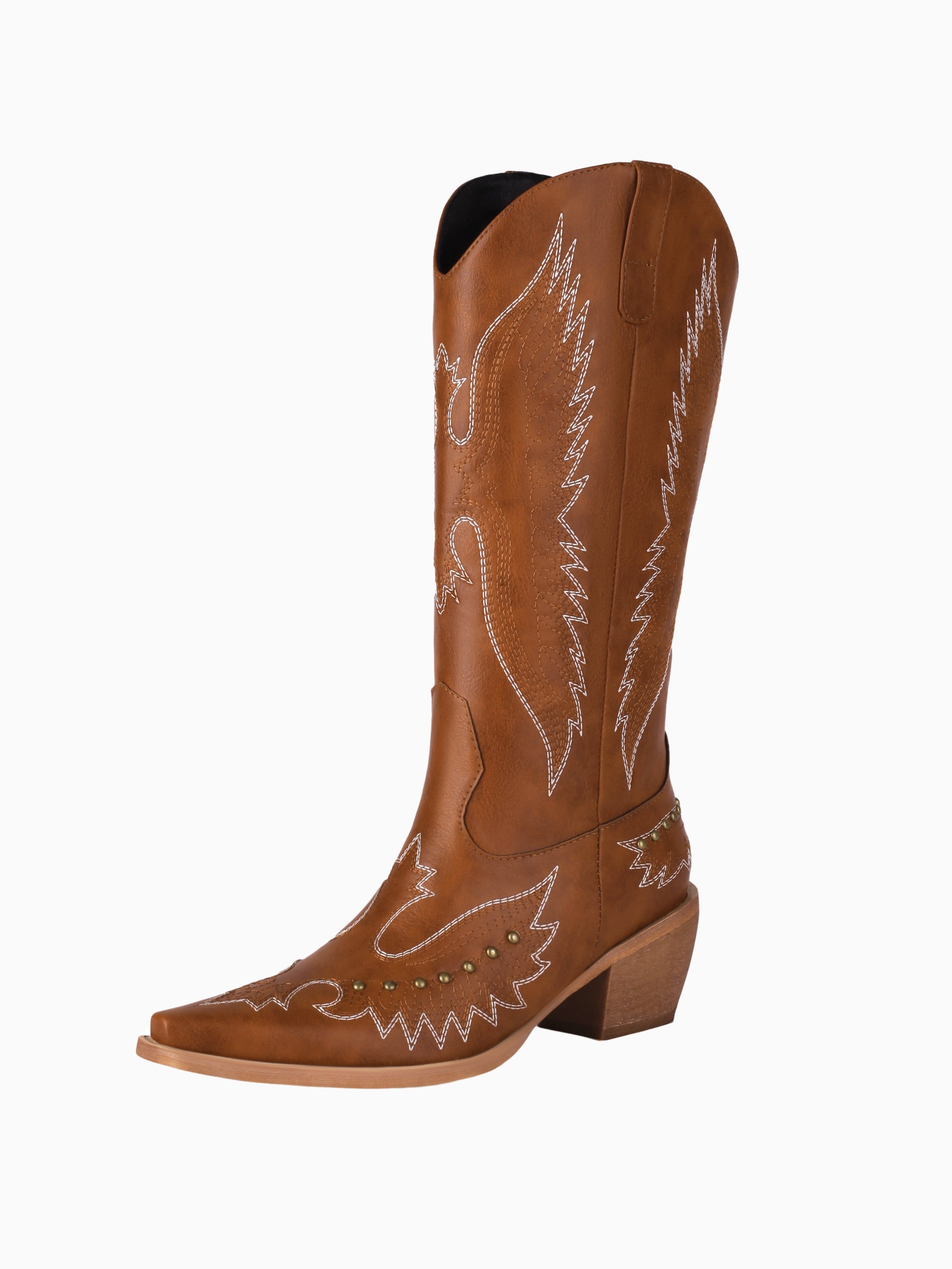 Brown Angel Wing Studded Mid Calf Cowgirl Boots