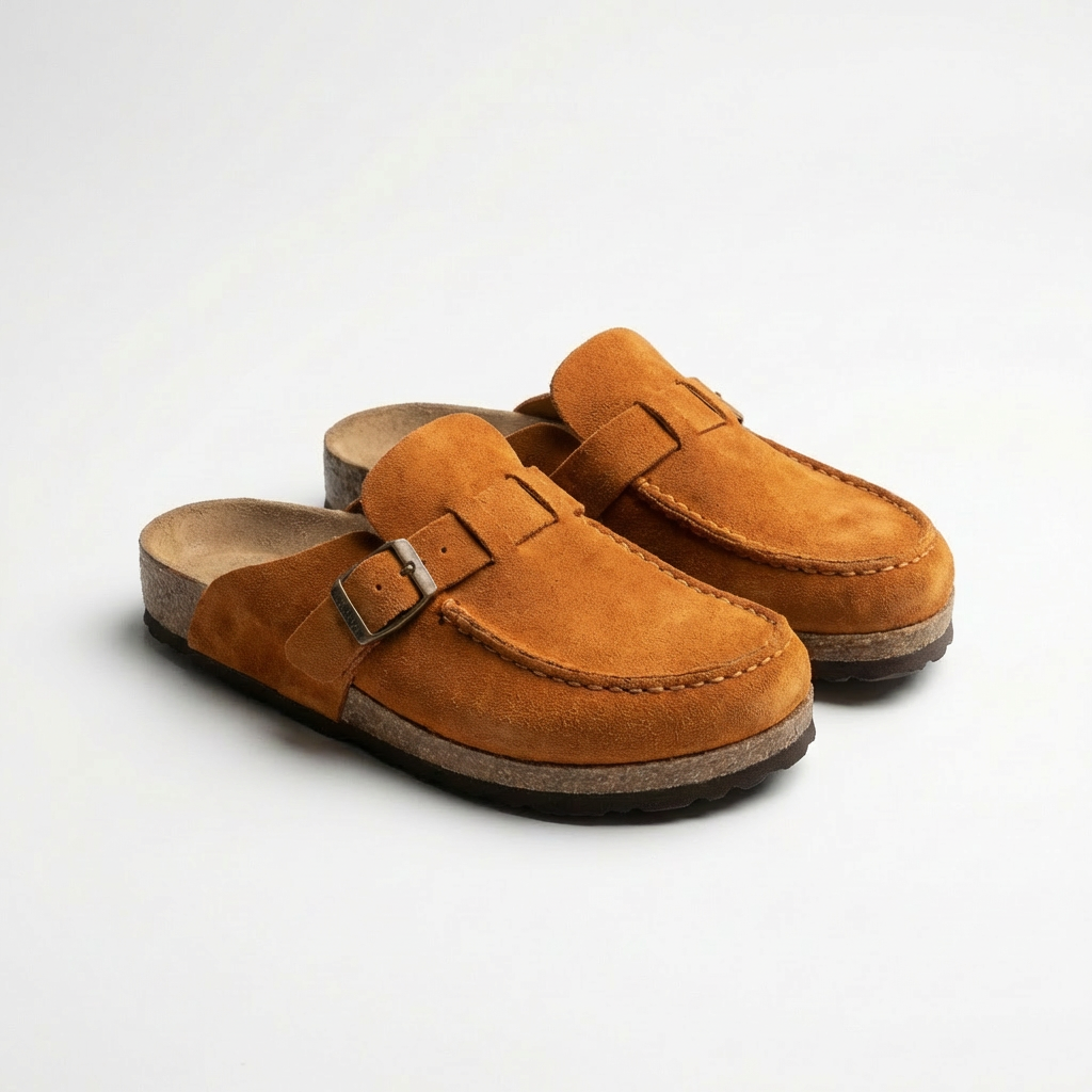 Women’s Suede Mules Microfiber Leather Clogs with Adjustable Buckle and Rubber Sole