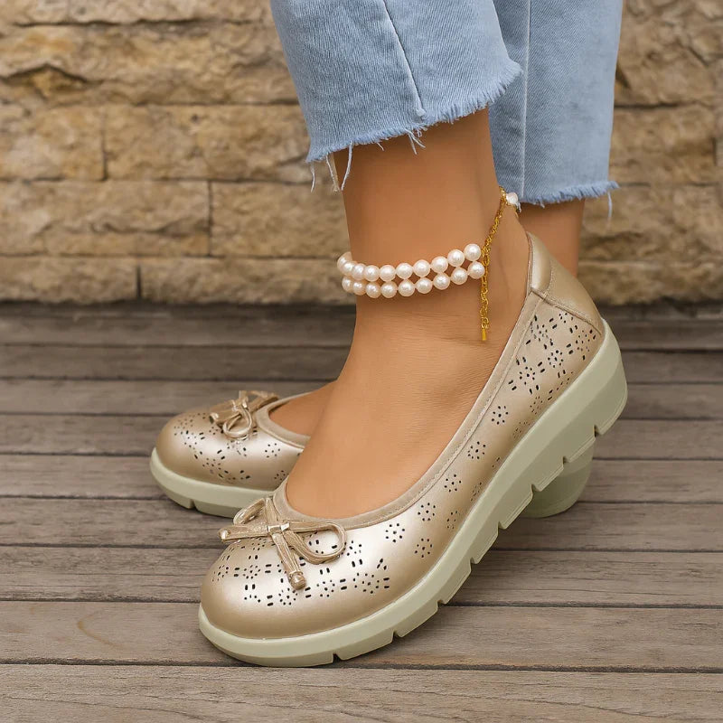 Bunion-Friendly Bow Flats - Hollow Out, Wide Toe Box, Gold Slip-On