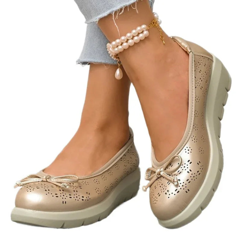 Bunion-Friendly Bow Flats - Hollow Out, Wide Toe Box, Gold Slip-On