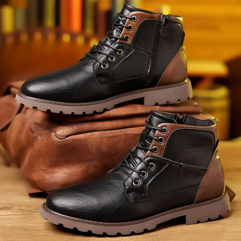 Men's Non-Slip Leather Ankle Boots – Side Zip Closure, Secure Lace-Up Fit