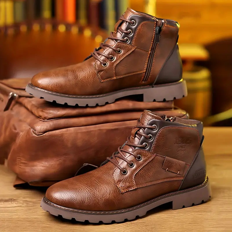 Men's Non-Slip Leather Ankle Boots – Side Zip Closure, Secure Lace-Up Fit
