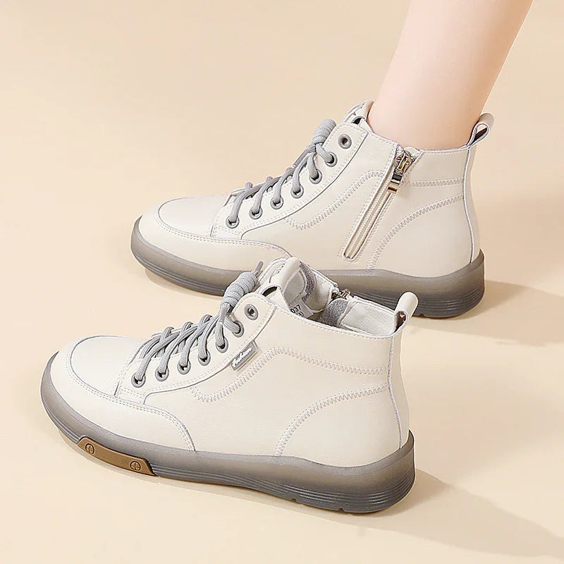 Women's High-Top Leather Sneakers with Side Zip