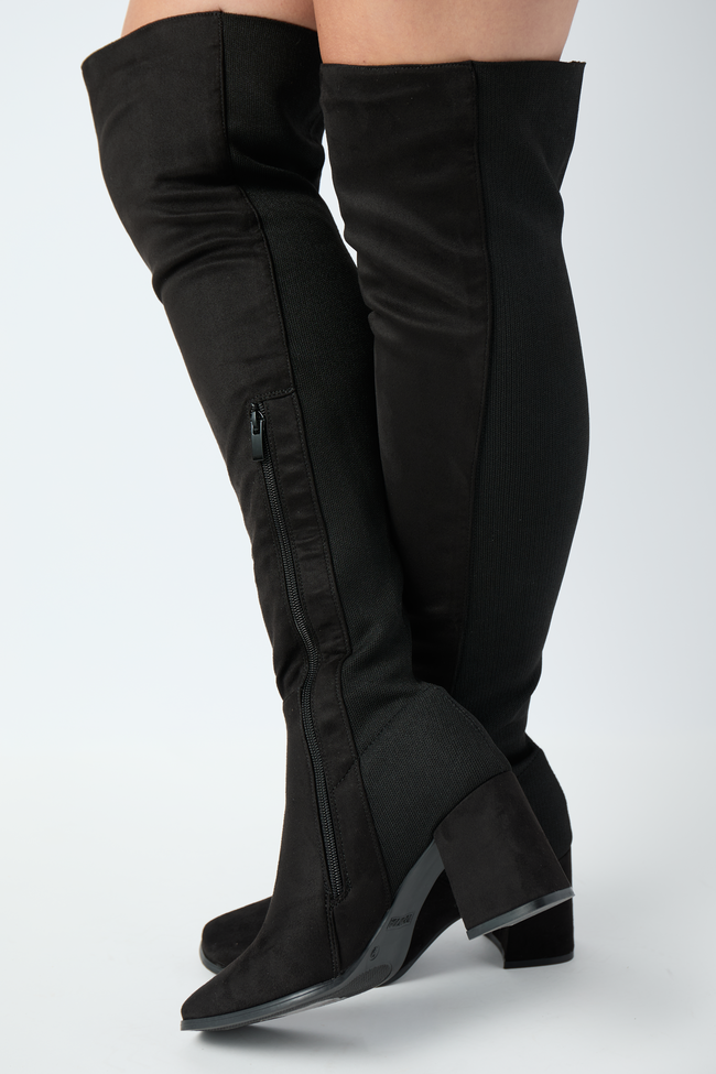 Womens Black Over The Knee Boots, Stretch Side Zipper