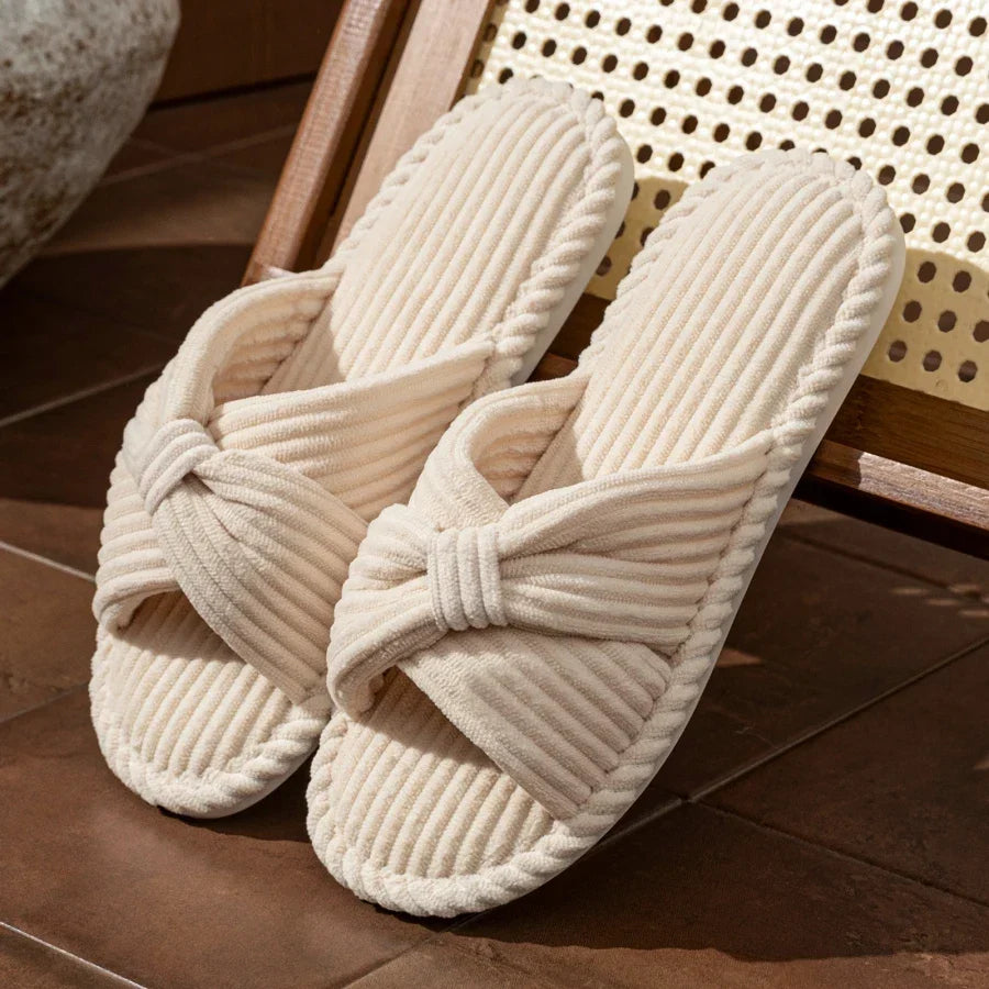Women's Plush Slippers Corduroy Bow Detail Open Toe
