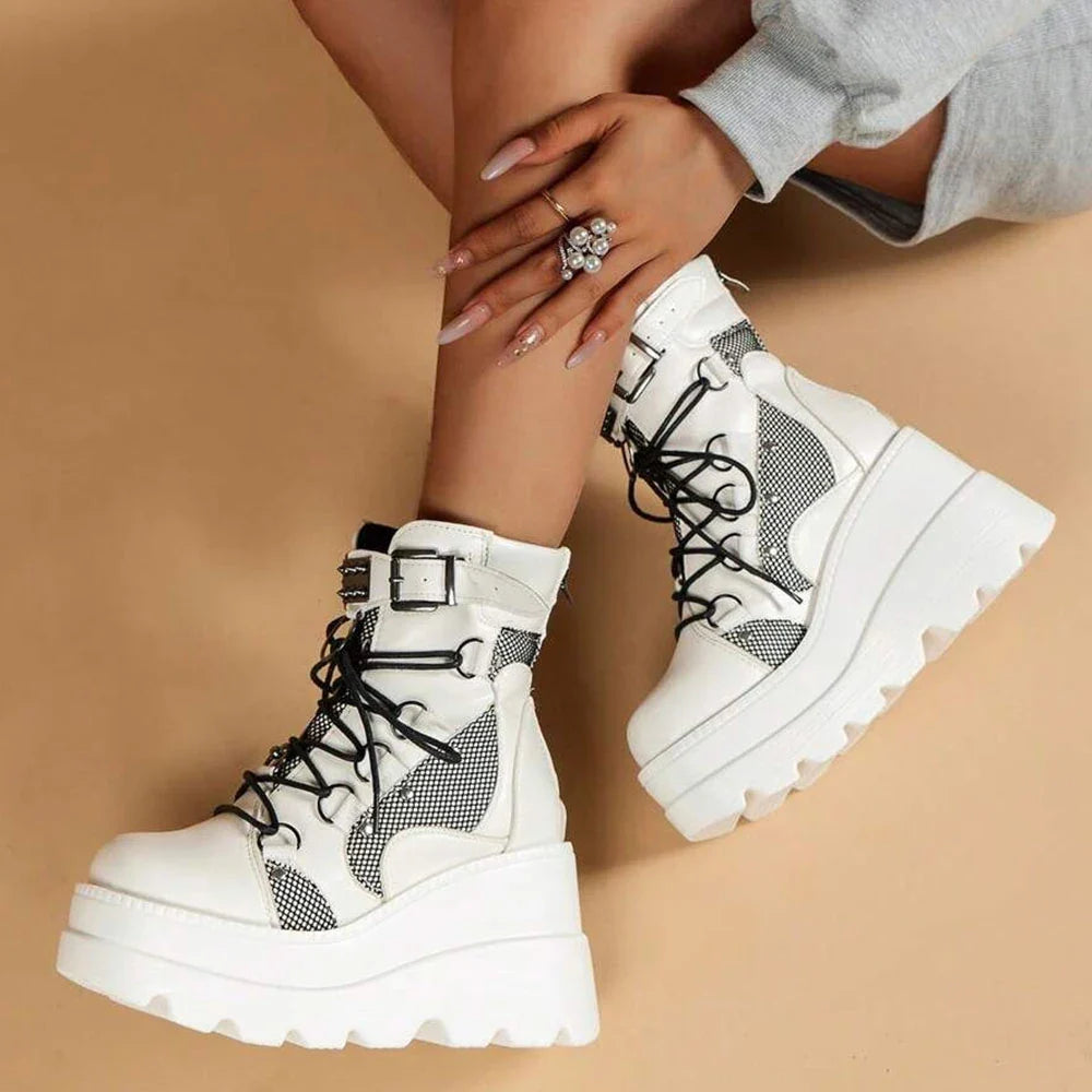 Women's Gothic Platform Wedge Ankle Boots, Punk Lace Up Buckle Strap Combat Booties, Non Slip Lug Sole Mid Calf Motorcyc