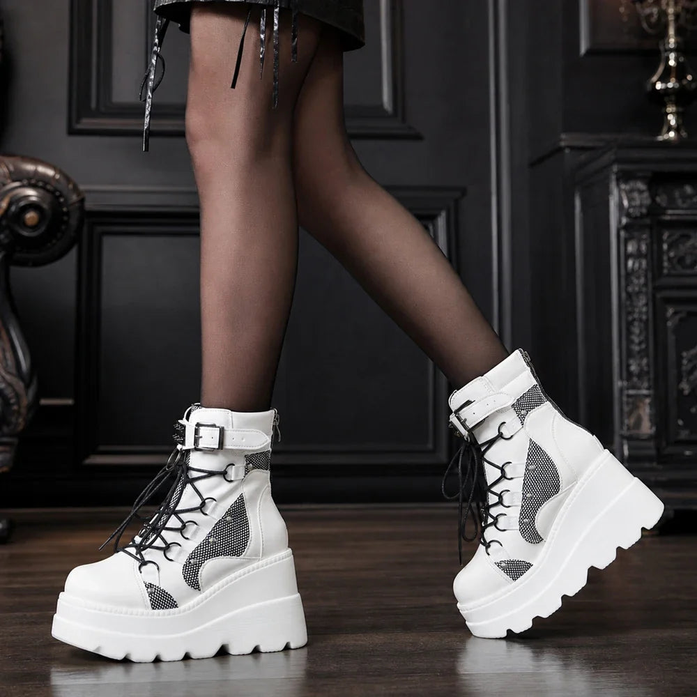 Women's Gothic Platform Wedge Ankle Boots, Punk Lace Up Buckle Strap Combat Booties, Non Slip Lug Sole Mid Calf Motorcyc