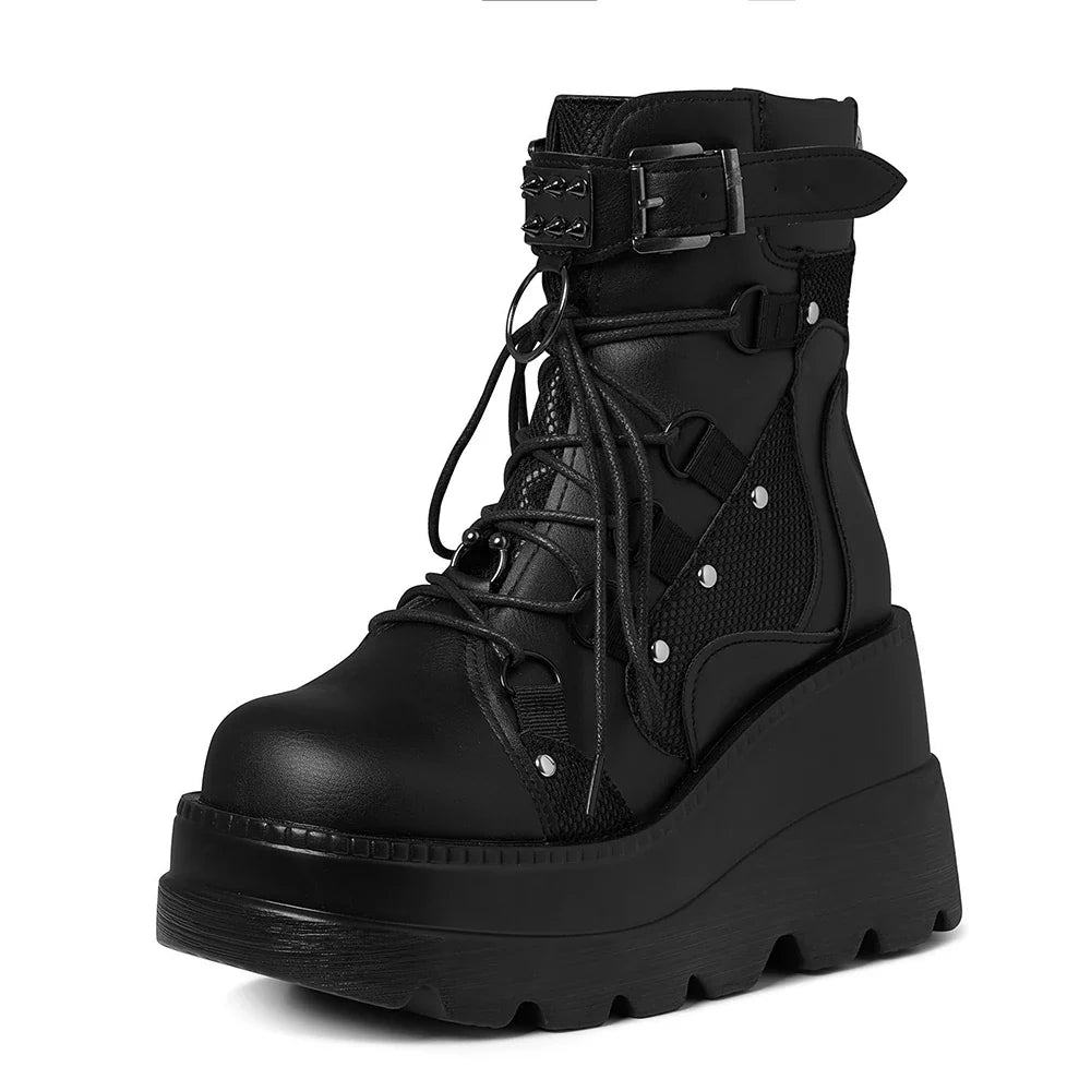 Women's Gothic Platform Wedge Ankle Boots, Punk Lace Up Buckle Strap Combat Booties, Non Slip Lug Sole Mid Calf Motorcyc
