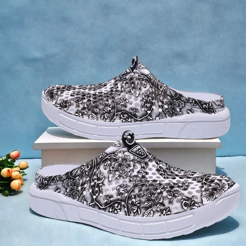 Blue Porcelain Pattern Women's Clog Shoes Garden Casual Indoor Outdoor Slippers Half Slip-On Lazy People Beach Shoes