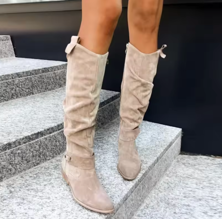 Women's Knee-High Boots with Perforated Shaft and Low Block Heel