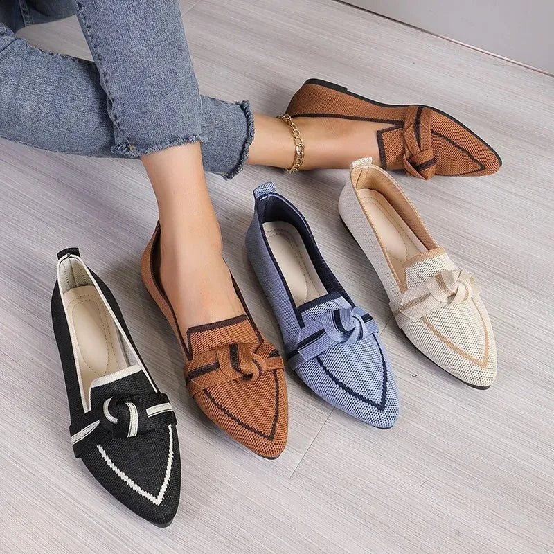Pointed Toe Ballerina Flats with Breathable Knit and Bow Detail