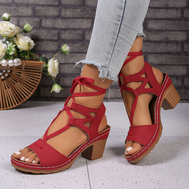 Womens Lace Up Gladiator Sandals Open Toe Chunky Block Heel Roman Shoes