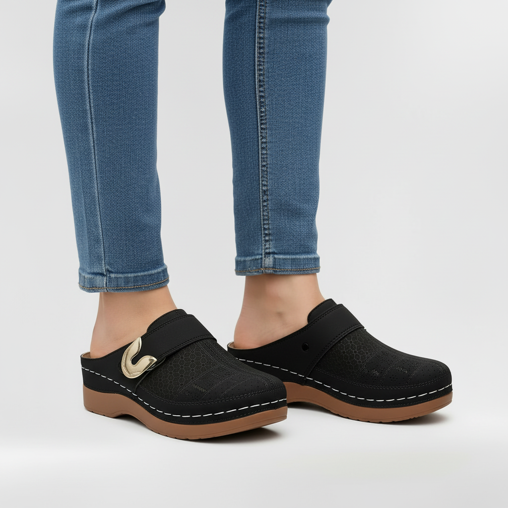 Women's Buckle Clogs Slip On Comfort Mules with Non-Slip Sole