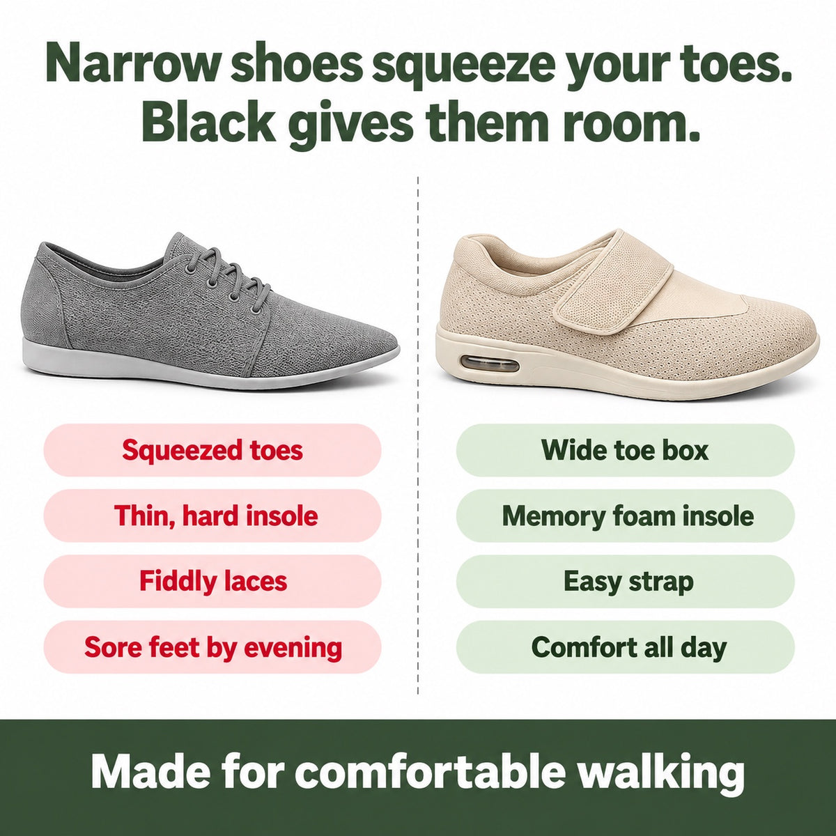 Black – Unisex Wide Toe Box Shoes, compared with an ordinary shoe