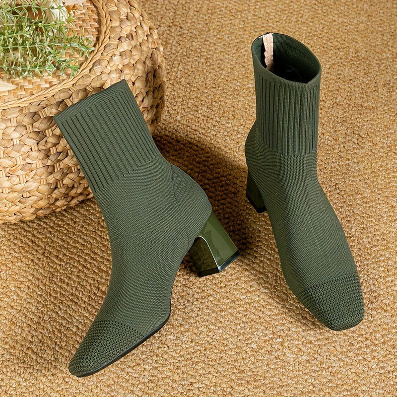 Stretch Knit Ankle Boots with Block Heel