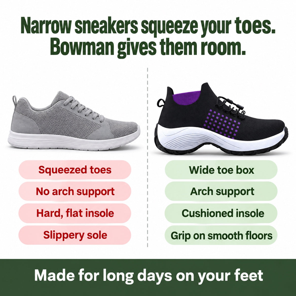 Bowman – Women's Plantar Fasciitis Shoes, compared with an ordinary shoe
