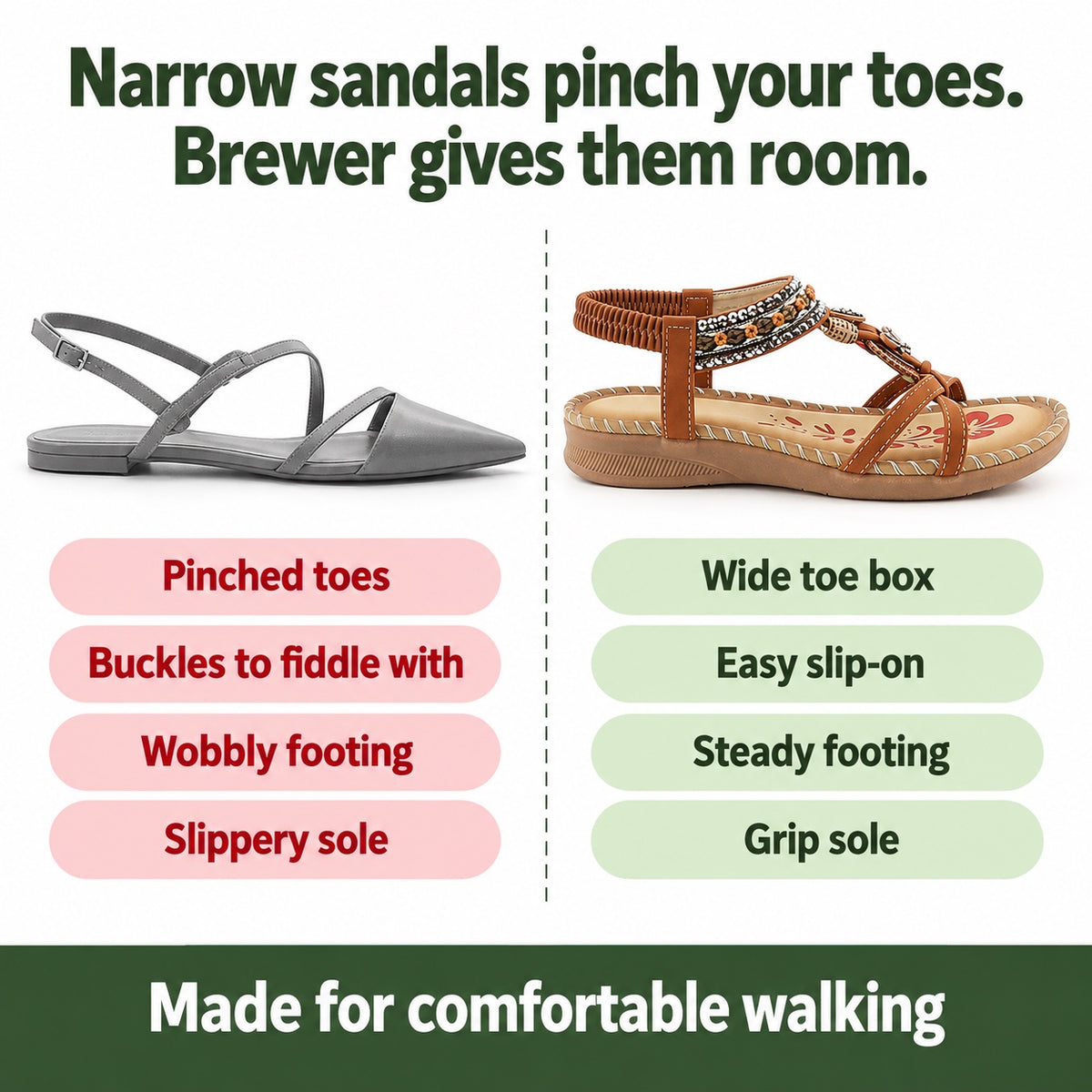 Brewer – Unisex Wide Toe Box Sandals, compared with an ordinary shoe