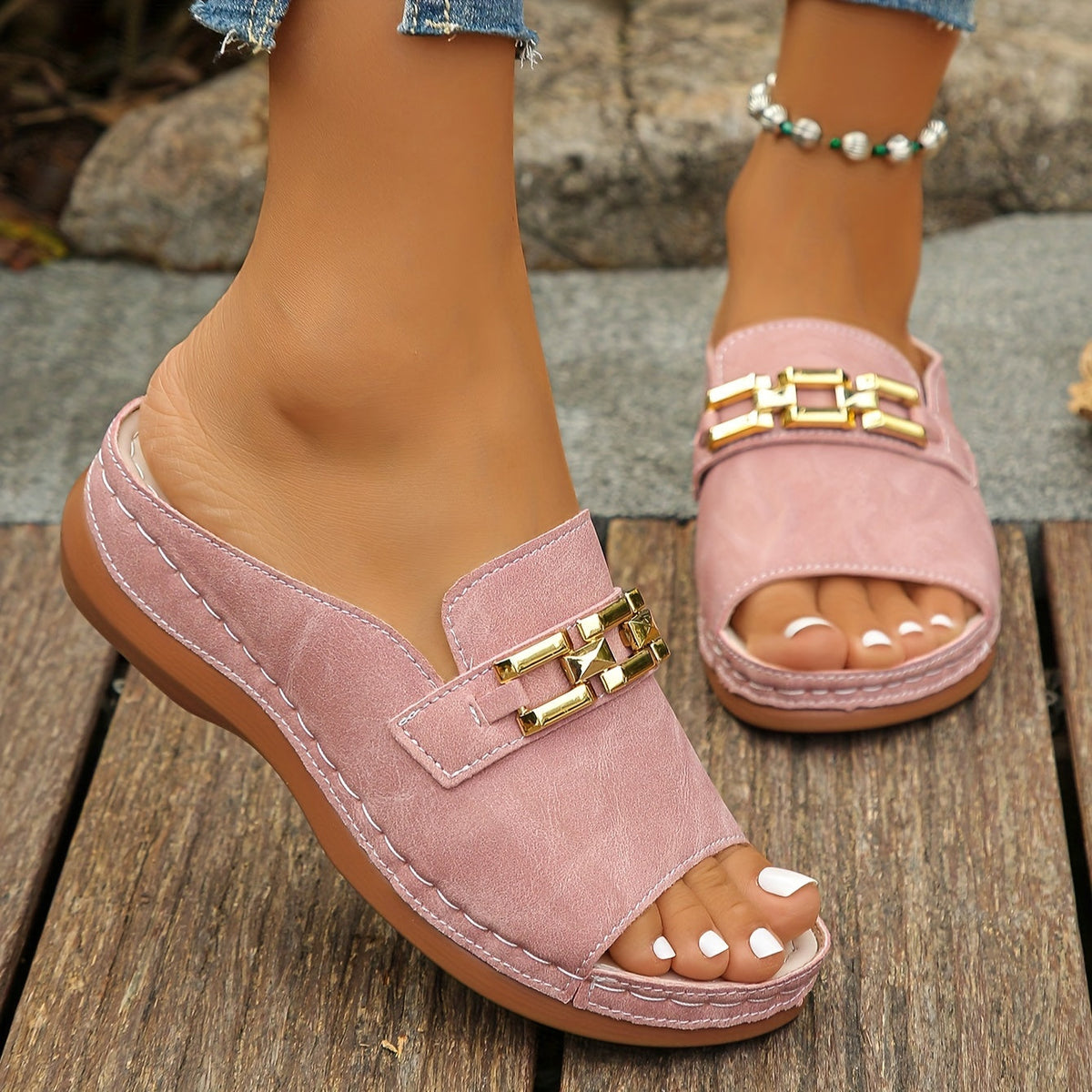 Carol | Slip On Sandals with Gold Chain Detail and Open Toe