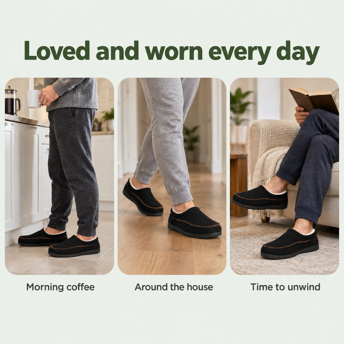 Clayton – Men's Comfort Slippers, worn every day