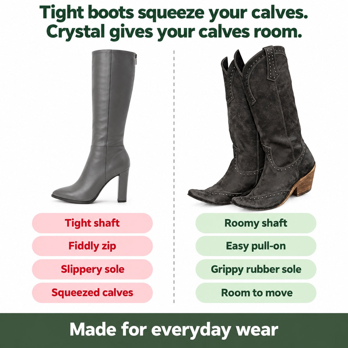Crystal – Women's Wide Calf Boots, compared with an ordinary shoe