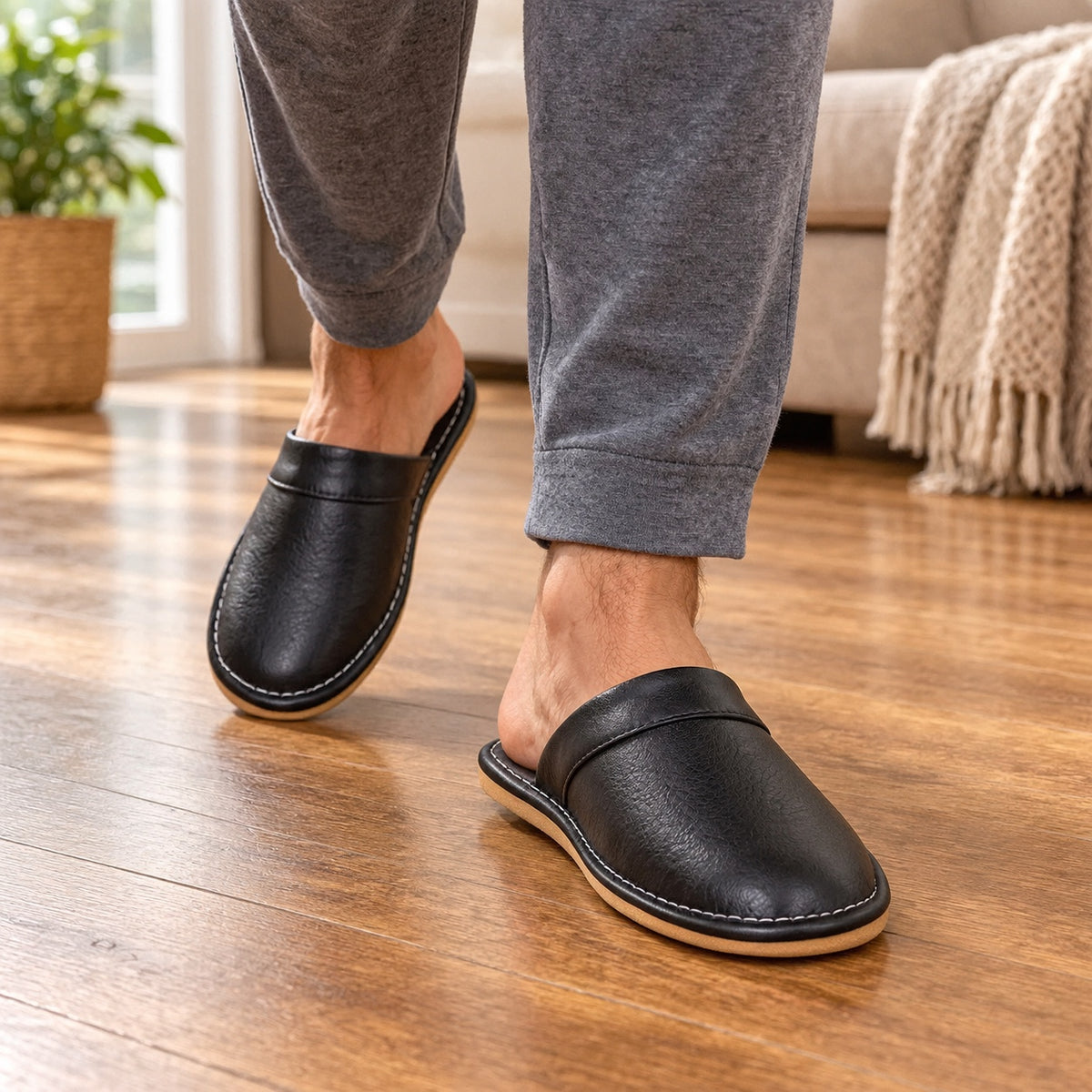 Earnest – Men's Comfort Slippers, worn on a walk