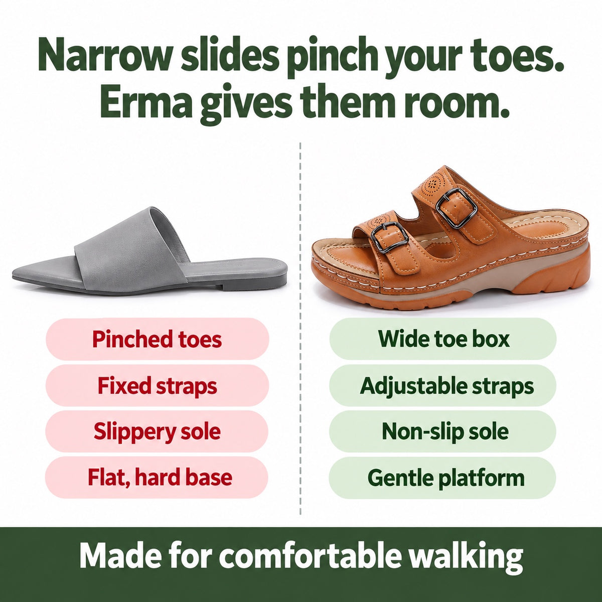 Erma – Women's Wide Toe Box Sandals, compared with an ordinary shoe