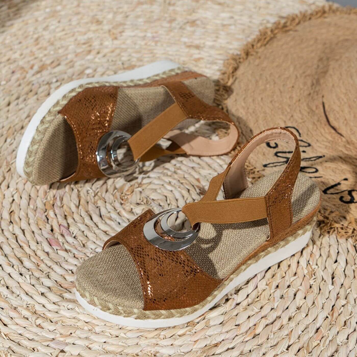 Evelyn | Platform Wedge Sandals with Metal Ring Accent and Crisscross Straps