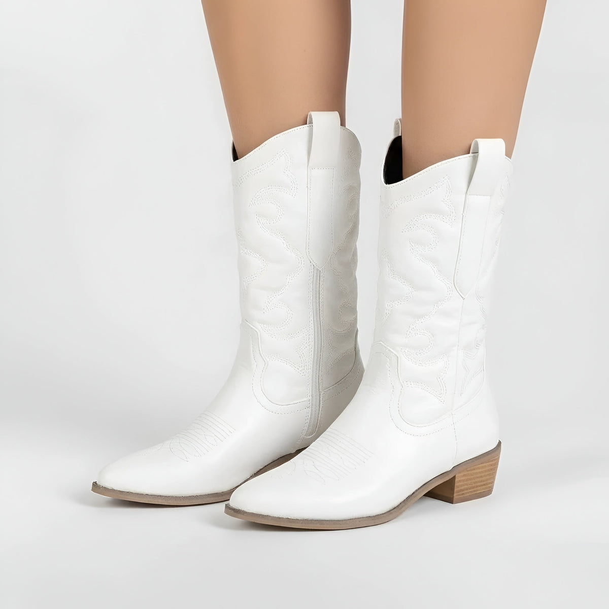 Women's Texan Boots Embroidered Western Ankle Boots Medium Block Heel Side Zip