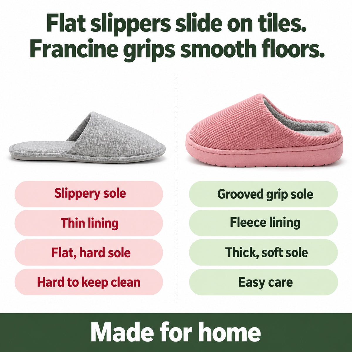 Francine – Women's Comfort Slippers, compared with an ordinary shoe