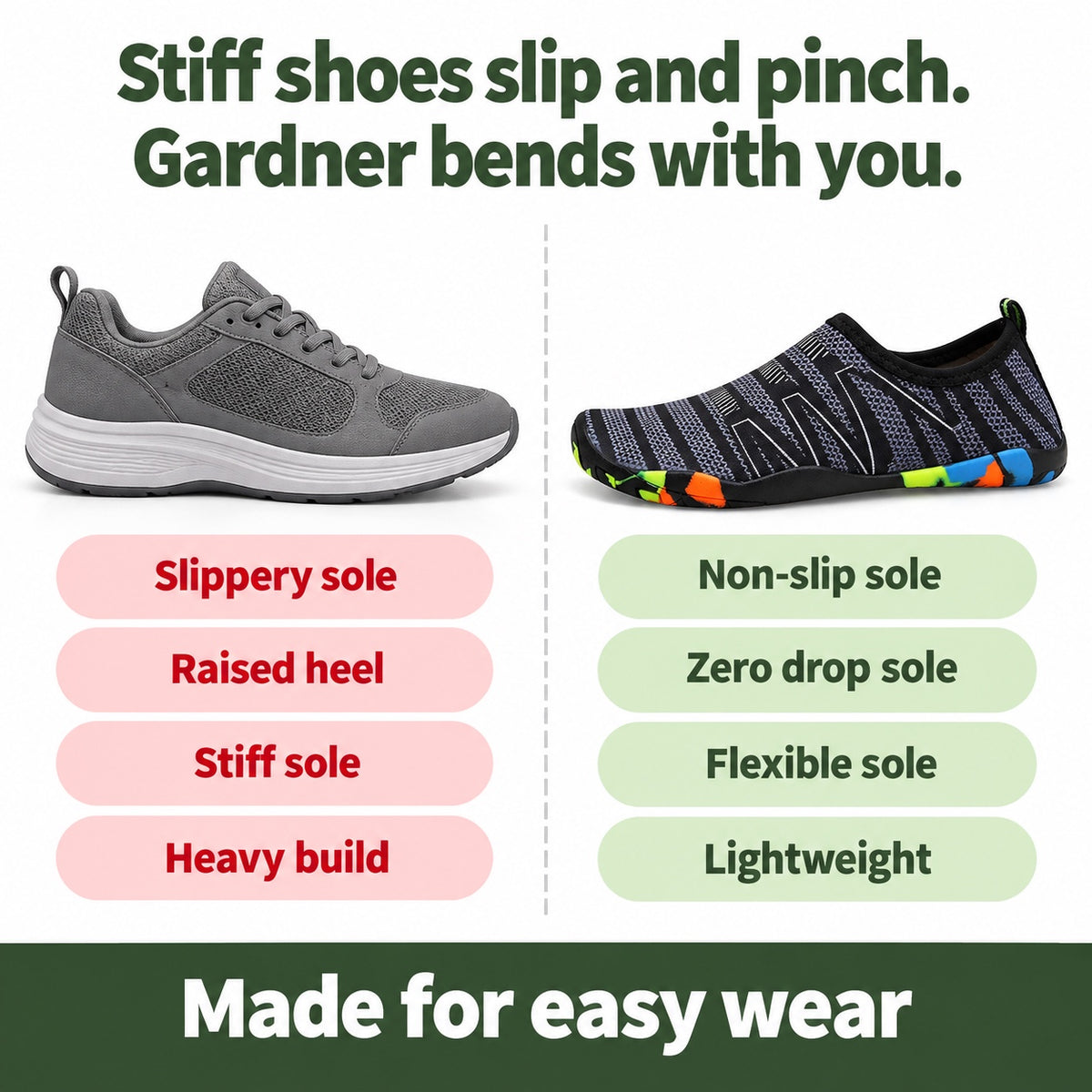 Gardner – Women's Barefoot Shoes, compared with an ordinary shoe