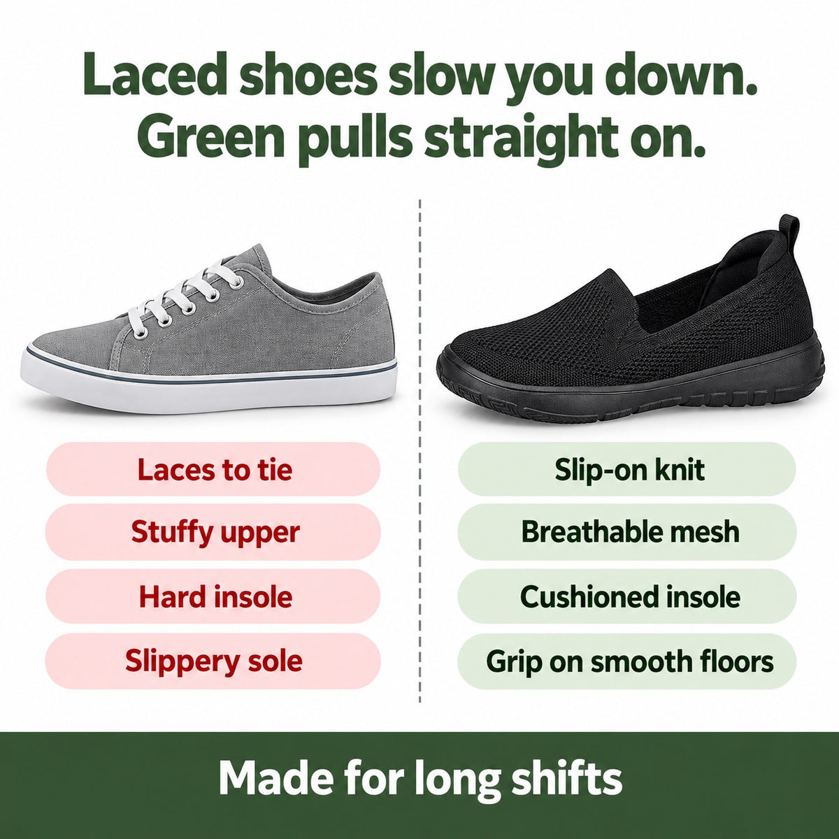 Green – Unisex Nursing Sneakers, compared with an ordinary shoe