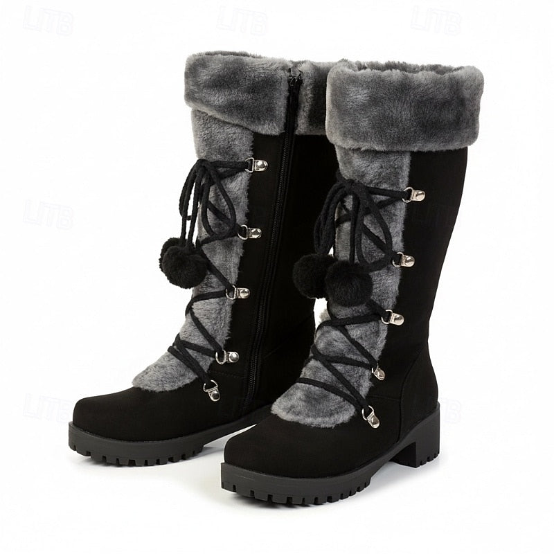 Women's Boots | Mid-Calf Lace-Up Fur-Trimmed Block Heel