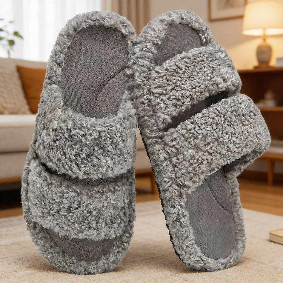 Womens Fuzzy Open Toe Slippers, Memory Foam Indoor House Shoes, Anti Slip Lightweight Indoor Outdoor Slippers