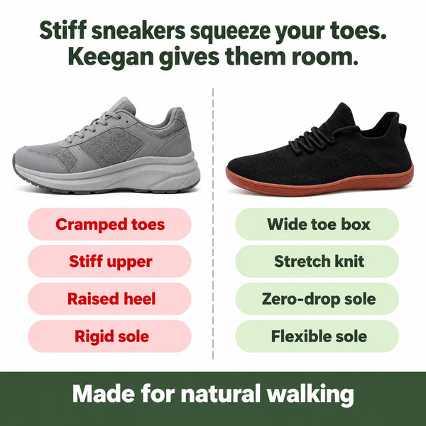 Keegan – Unisex Barefoot Sneakers, compared with an ordinary shoe