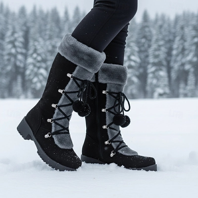 Women's Boots | Mid-Calf Lace-Up Fur-Trimmed Block Heel