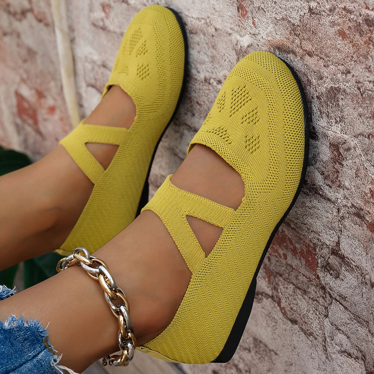 Women's Knitted Mary Jane Flats - Round Toe