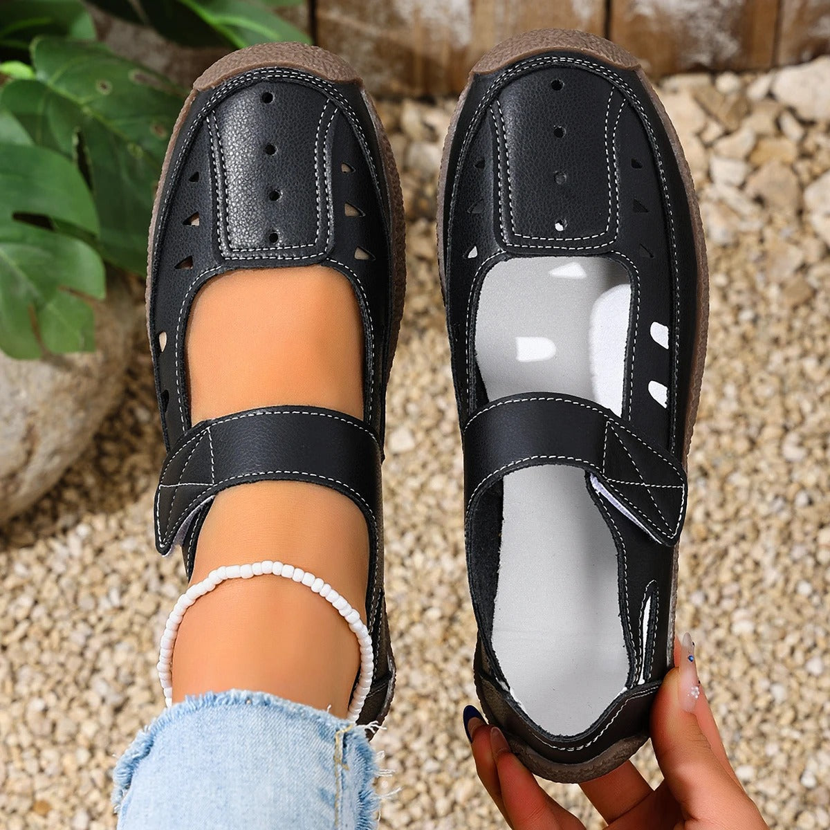 Women's Hollow Out Flat Sandals with Velcro Strap